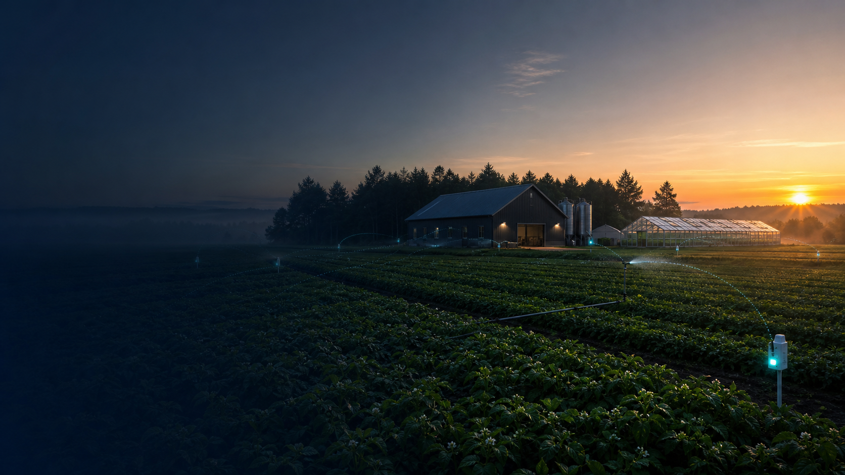 Connected modern farm with fields, greenhouse and wireless sensors