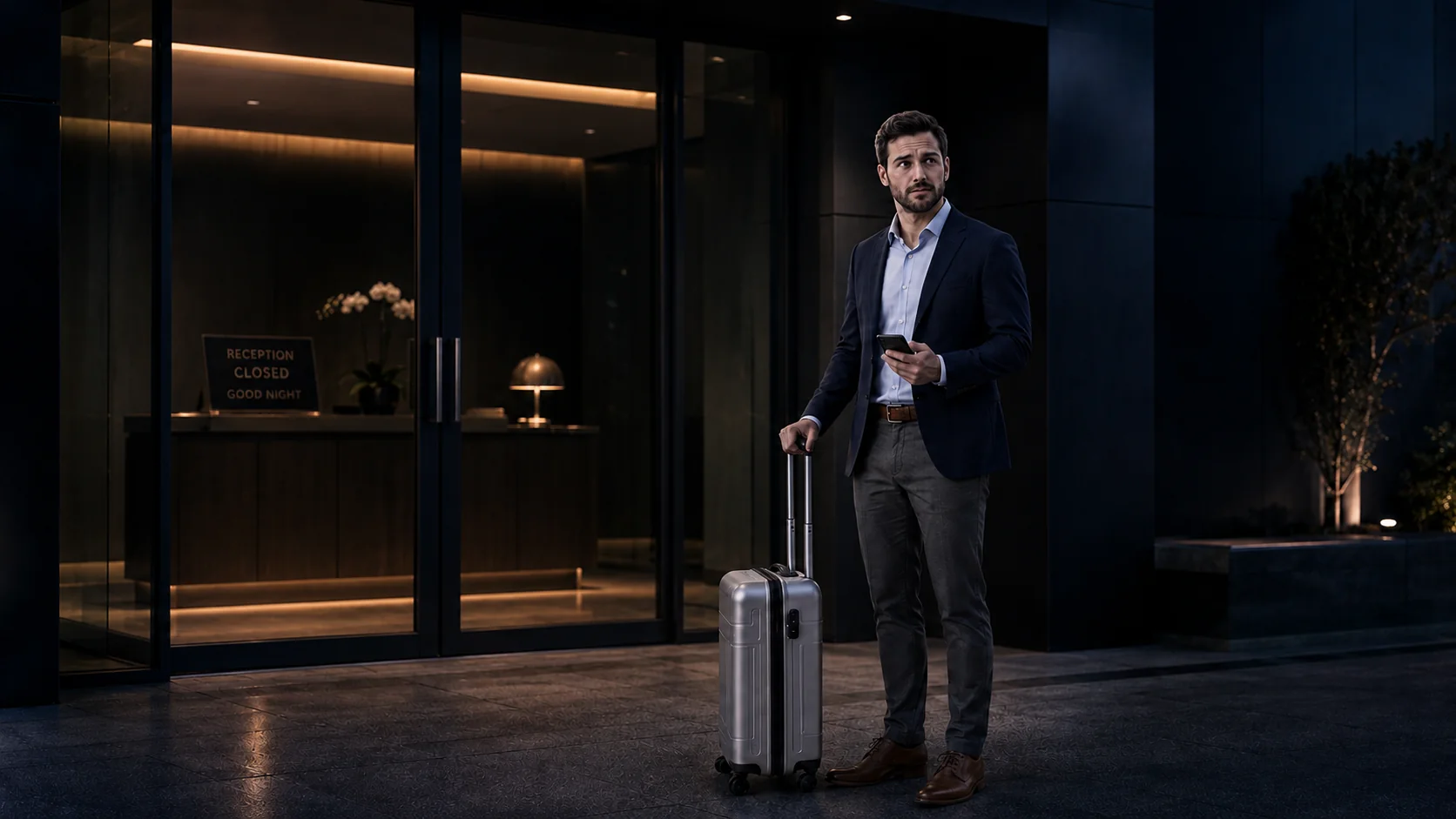 Nico’s flight has been delayed, and he arrives at the hotel late in the evening. The reception is already closed. Now he needs a simple way in – without waiting, without a key and without a card. This is where Solvotix comes in.