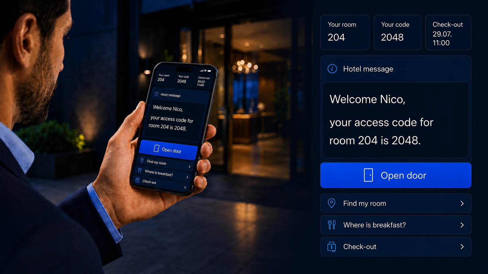 At the scheduled check-in time, Nico receives his access details by email. SMS and WhatsApp are also available as optional channels. He can also open the door directly from his smartphone through a secure link – without installing an app. For Nico, access is simple. For the hotel, everything remains under control.