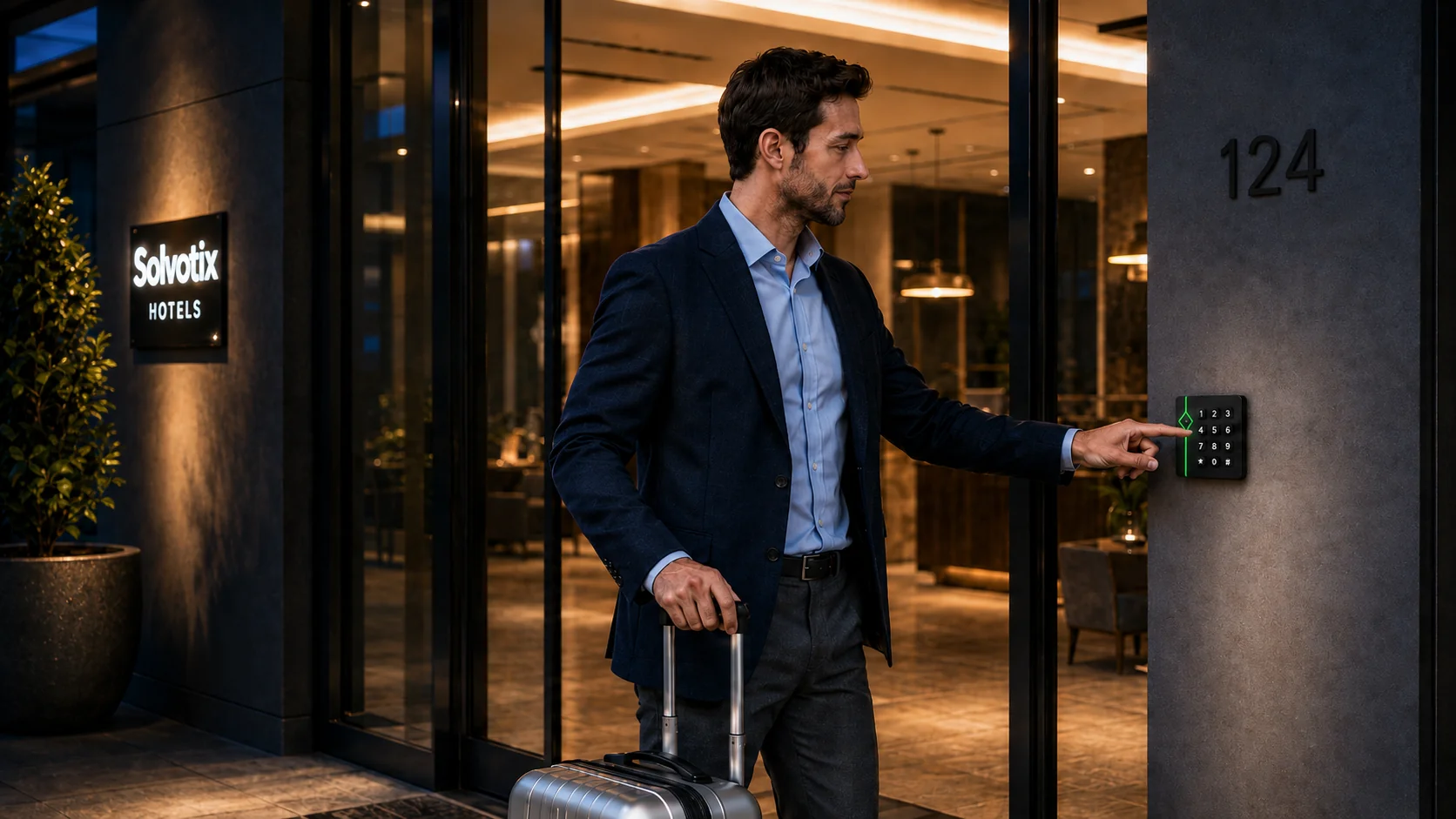 At the main entrance, Nico enters his personal code. The door opens, and his check-in is registered automatically.