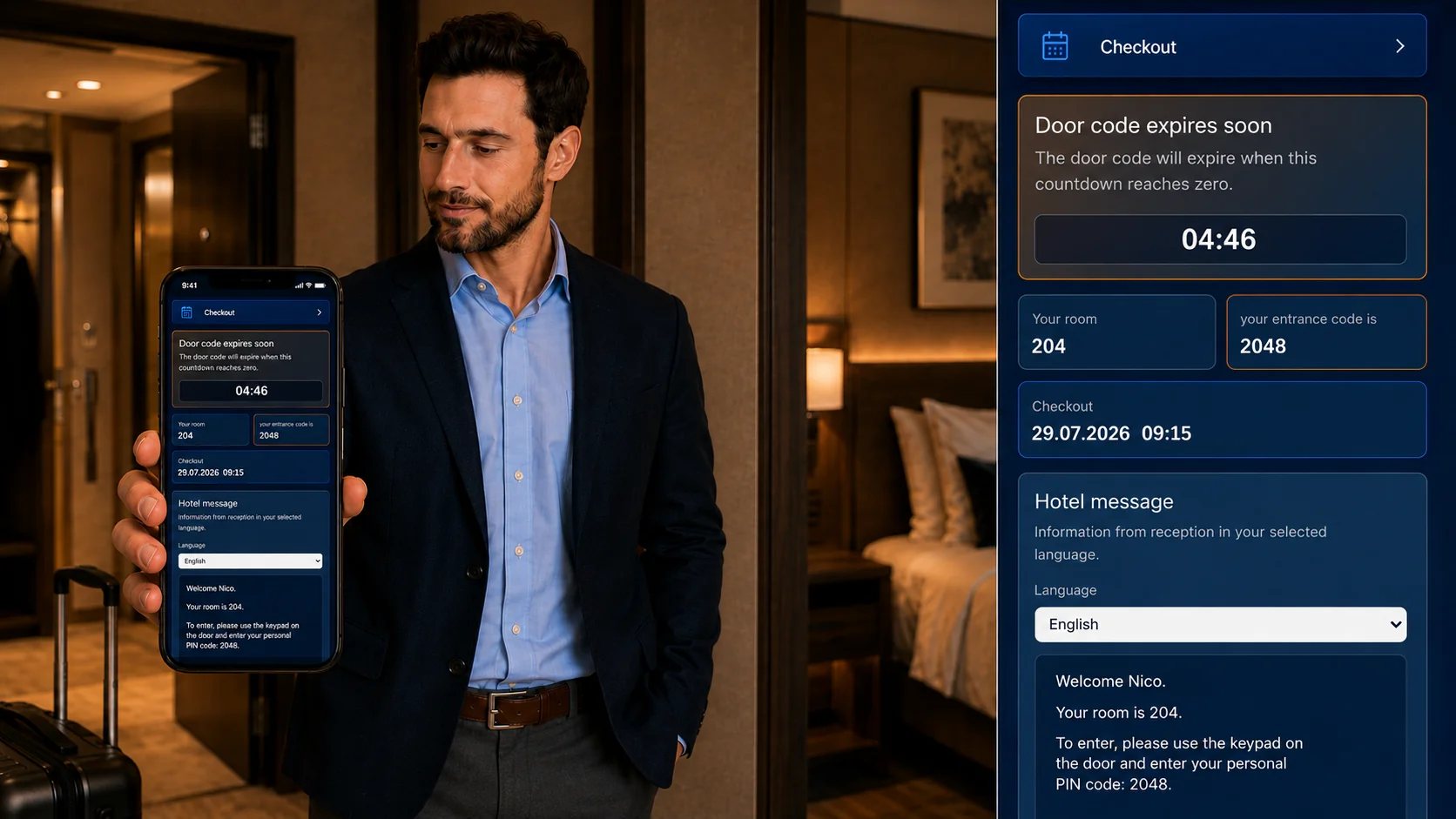 At check-out time, the access code is deactivated automatically. If Nico leaves early, he can check out directly through the guest portal with a single click.